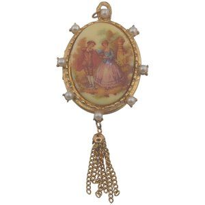 VTG Fragonard Courting Couple Transfer Locket Oval Pendant Gold Tone Faux Pearls